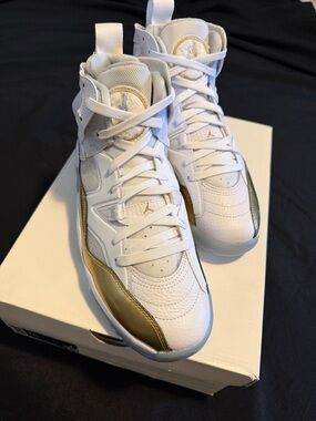 Jordan White and Metallic Gold Retro High-Top Sneakers